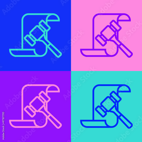 Pop art line Auction hammer icon isolated on color background. Gavel - hammer of judge or auctioneer. Bidding process, deal done. Auction bidding. Vector