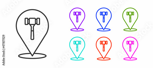 Black line Auction hammer icon isolated on white background. Gavel - hammer of judge or auctioneer. Bidding process, deal done. Auction bidding. Set icons colorful. Vector
