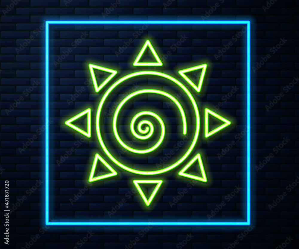 Glowing neon line Sun icon isolated on brick wall background. Vector Glowing neon line Sun icon isolated on brick wall background. Vector