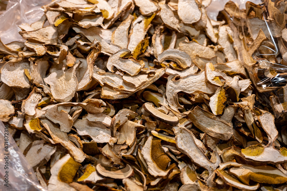 Dried white high quality porcini mushrooms on central market in Florence, Tuscany, Italy Dried white high quality porcini mushrooms on central market in Florence, Tuscany, Italy