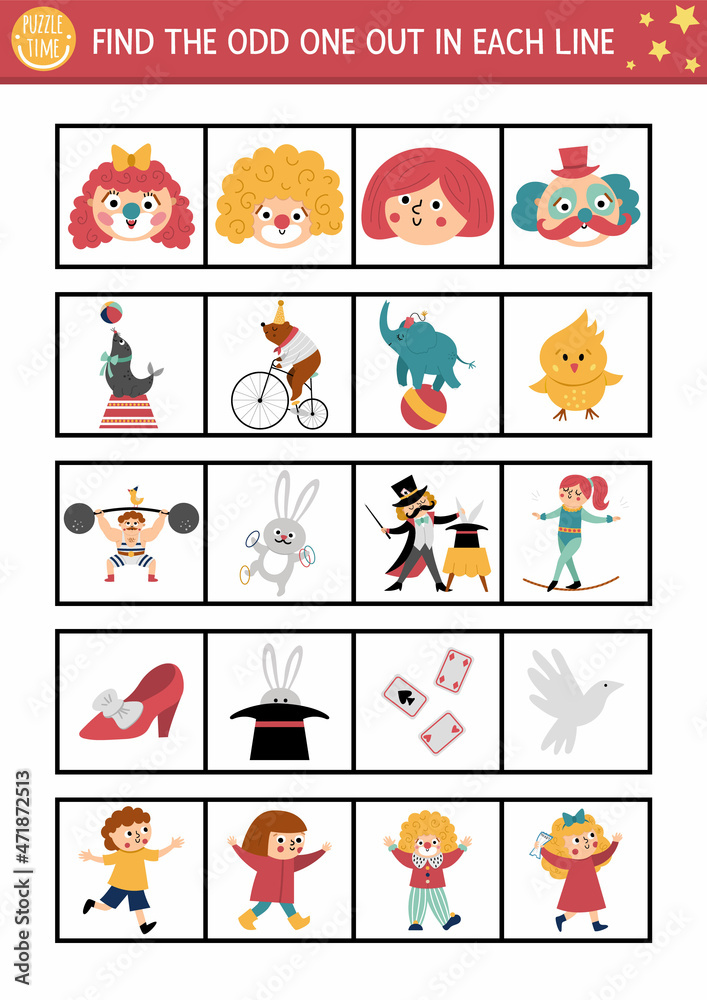 Find the odd one out. Circus logical activity for children. Amusement show educational quiz worksheet for kids for attention skills. Simple printable game with cute characters and objects.