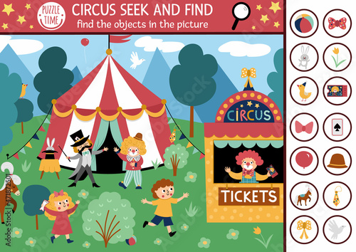 Vector circus searching game with amusement show marquee, clown. Spot hidden objects in the picture. Simple festival tent seek and find educational printable activity for kids.