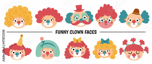 Vector set with clown faces. Circus artists avatars clipart. Amusement holiday icons pack. Cute funny festival characters clip art. Street show comedians illustration.