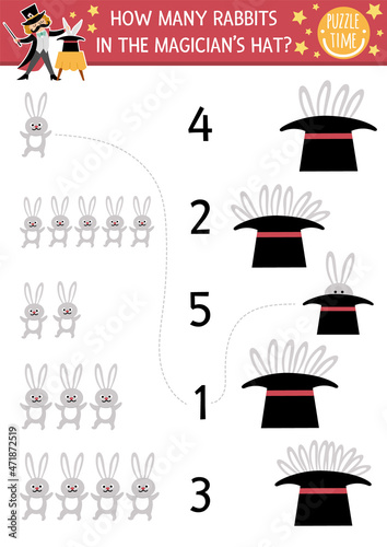 Match the numbers circus game with magician hat and rabbits. Amusement show math activity for preschool kids. Festival educational printable counting worksheet with funny character.