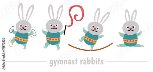 Vector set with gymnast rabbits with hula hoop, tightrope, ribbon. Cute funny animal acrobat. Circus or sport artist clipart. Amusement holiday icons pack. Festival character clip art.