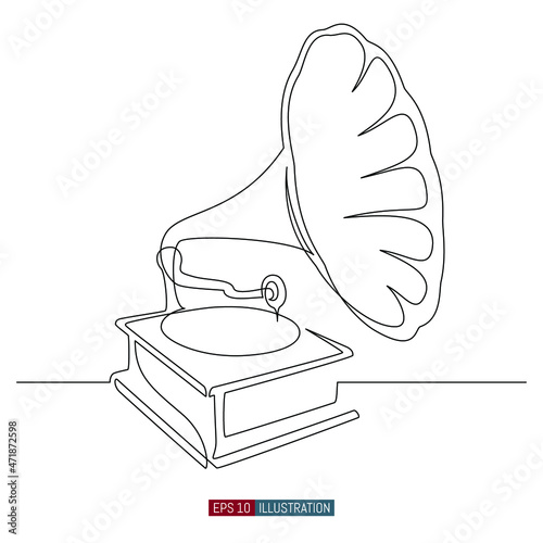 Continuous line drawing of Vintage Gramophone. Retro device for playing records. Template for your design works. Vector illustration.