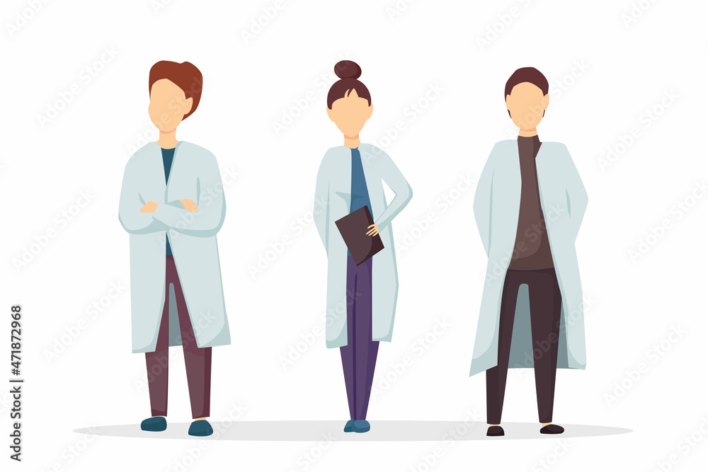 Male and female doctors in white coats. Vector illustration in cartoon style