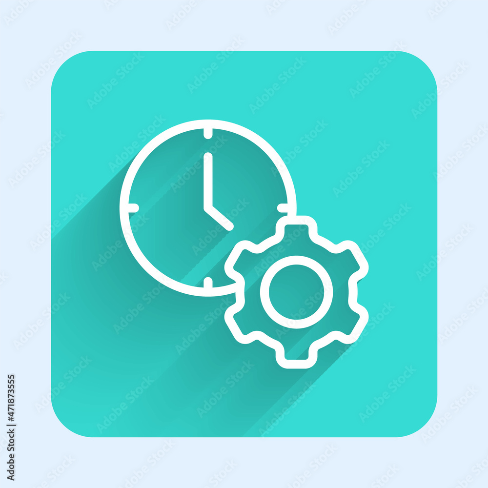 White line Time management icon isolated with long shadow background. Clock and gear sign. Productivity symbol. Green square button. Vector White line Time management icon isolated with long shadow background. Clock and gear sign. Productivity symbol. Green square button. Vector