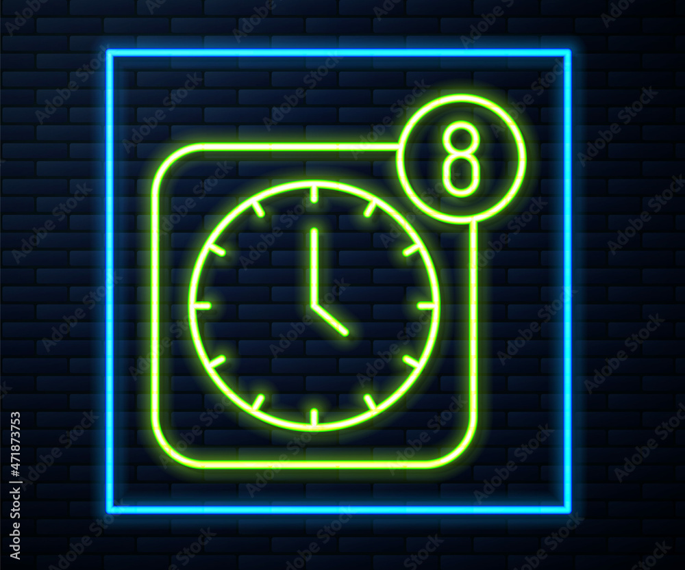 Glowing neon line Alarm clock app smartphone interface icon isolated on brick wall background. Vector Glowing neon line Alarm clock app smartphone interface icon isolated on brick wall background. Vector