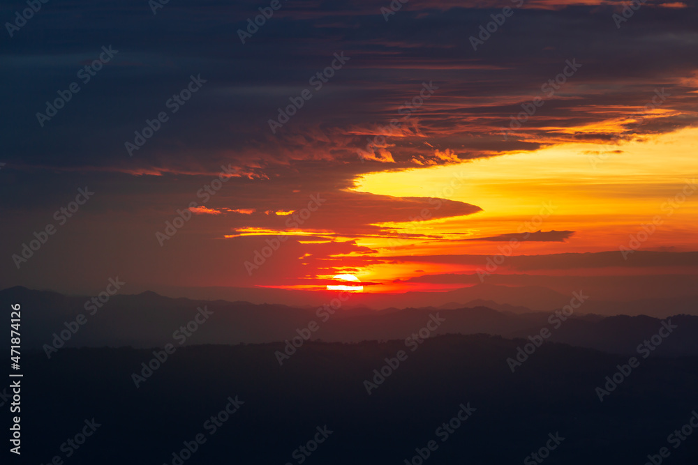 mountains and sky at sunrise,Sun falls at Phu Kradueng National Park, Thailand