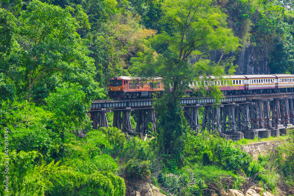 Death Railway with train Famous place in Kanchanaburi Thailand Death Railway with train Famous place in Kanchanaburi Thailand