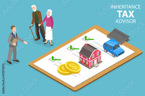 3D Isometric Flat Vector Conceptual Illustration of Inheritance Tax Advisor, Retirement Estate Planning