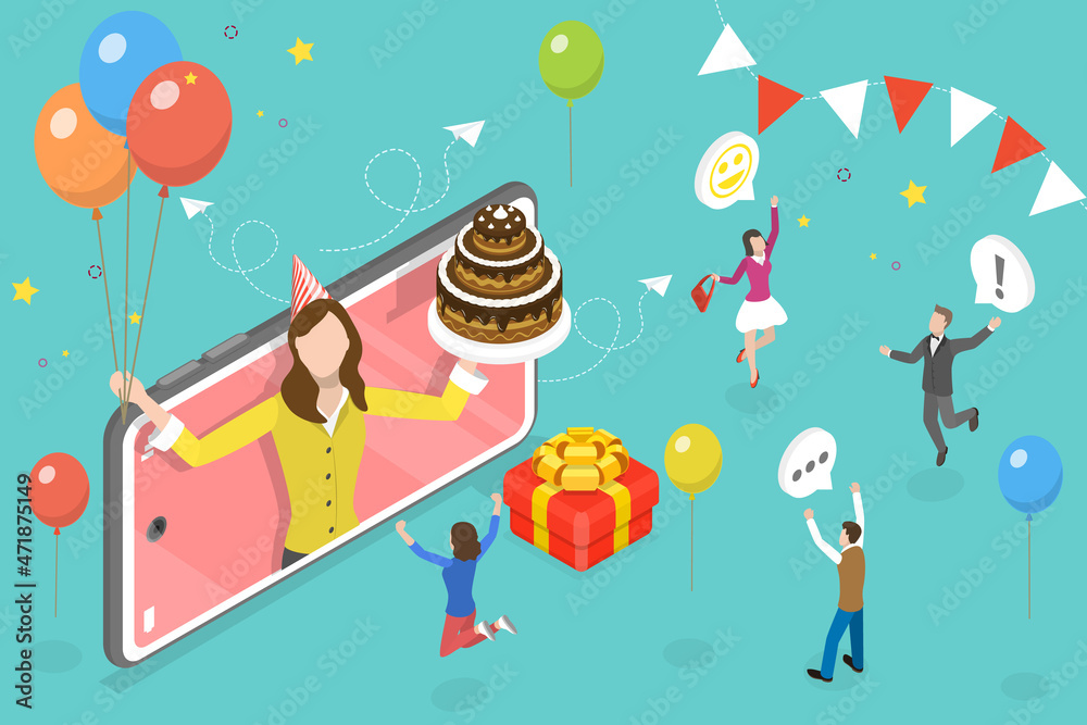 3D Isometric Flat Vector Conceptual Illustration of Virtual Birthday Party, Online Celebration Event with Friends