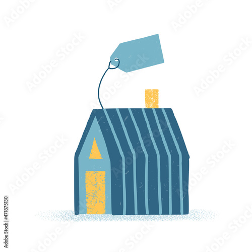 Blue and yellow house in flat style isolated on white. Concept of business in real estate, mortgage, rent. Colored building for sale or rent with a price tag.