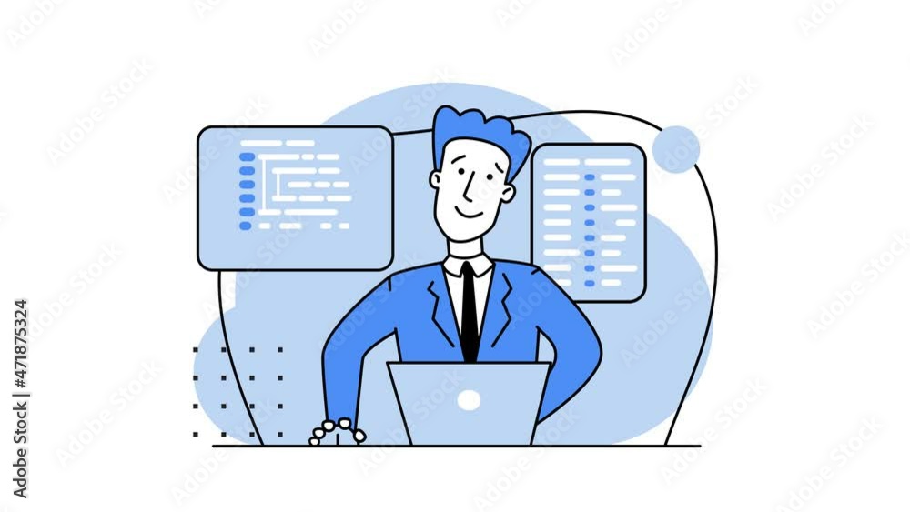 Concept of script coding, programming. A programming language. Programmer working on web development on the laptop. Software developers. 2d cartoon animation. Workplace of the programmer. Looped video Concept of script coding, programming. A programming language. Programmer working on web development on the laptop. Software developers. 2d cartoon animation. Workplace of the programmer. Looped video