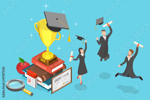 3D Isometric Flat Vector Conceptual Illustration of Graduation, Group of Happy Graduated Students