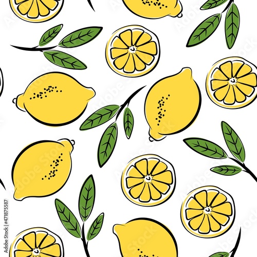 Seamless lemon pattern. Cute colorful citrus fruits in doodle style. Vector illustration