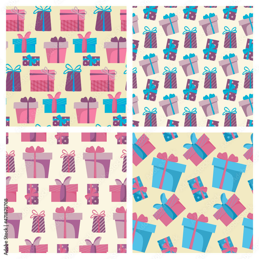 Set of seamless vector patterns with gift boxes in flat style. Christmas gift paper design. Festive gift wrapping. Bright and beautiful Christmas pattern