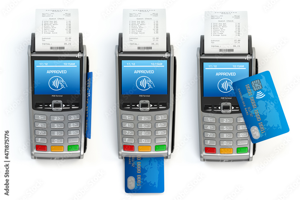 POS terminal with credit card with different types of using isolated on ...