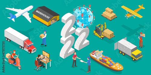 3D Isometric Flat Vector Conceptual Illustration of New Year and Transport Logistics, Inventory Management and Cargo Delivery