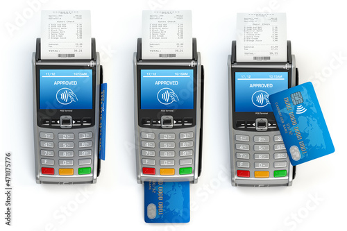 POS terminal with credit card with different types of using isolated on white. photo