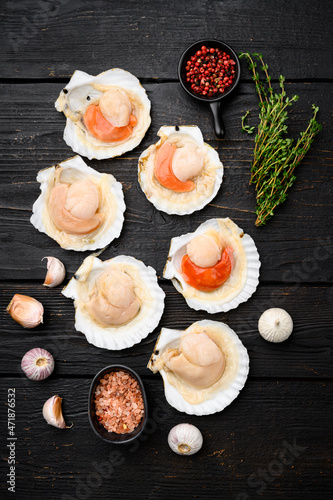 Fresh scallops for a baked recipe, on black wooden table background, top view flat lay