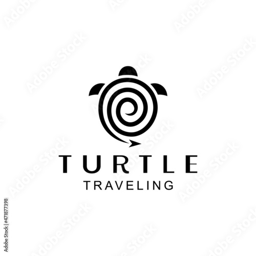 Turtle traveling with line art style in white background, template vector logo design as you editable