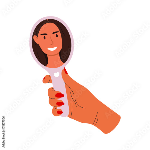 A flat vector illustration of a smiling woman who sees her reflection in a mirror that she holds in her hand. The concept of love, acceptance and self-confidence. White background.