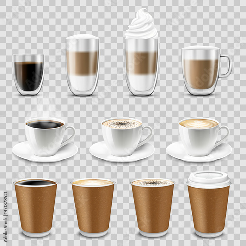 Coffee cup set, isolated on transparant background. Double walled glass mug with hot drink, americano, Cappuccino, espresso, latte, milk brown coffee, vector realistic 3d , mock up.