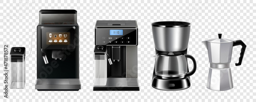 Foto Coffee maker machines, cafe and barista brewing tools, vector 3d realistic set