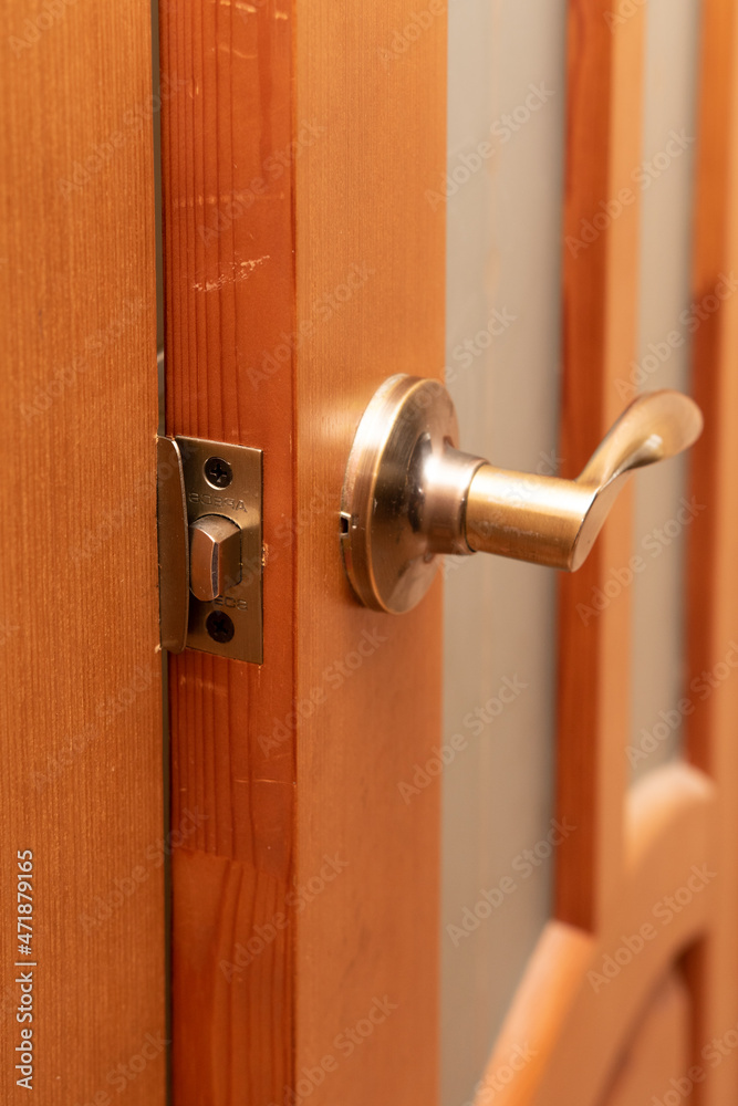 A bronze metal handle on the door, close-up. A bronze metal handle on the door, close-up.