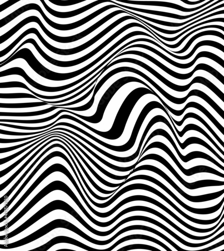 Abstract twisted illusion background patterns. Horizontal wavy black lines on white background. Vector illustration