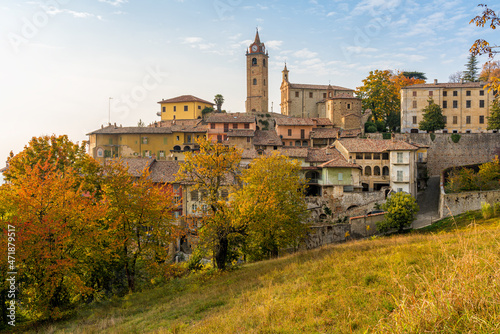 Panoramic sight of Monforte d'Alba village during fall season. Langhe region of Piedmont, Cuneo, Italy.