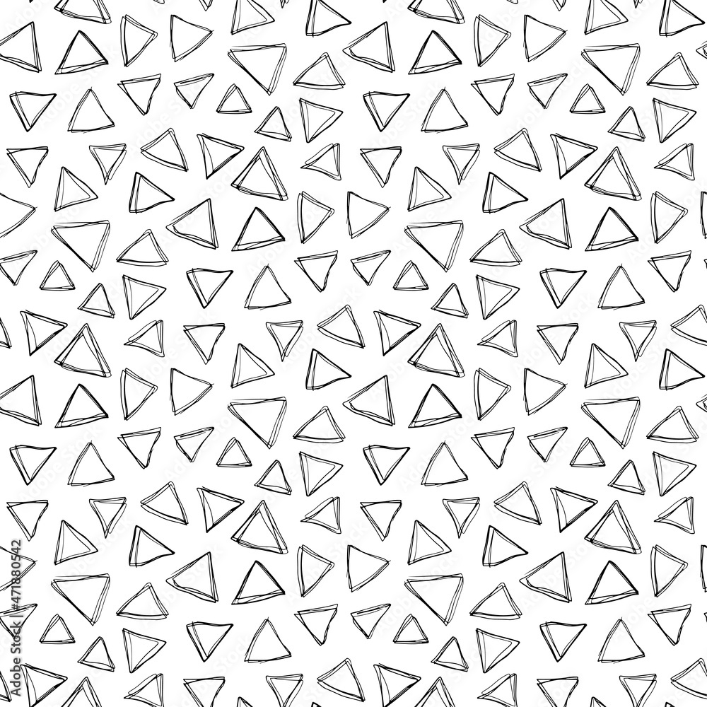 Black ink thin contour linear triangles isolated on white background. Monochrome geometric seamless pattern. Vector simple flat graphic hand drawn illustration. Texture. Black ink thin contour linear triangles isolated on white background. Monochrome geometric seamless pattern. Vector simple flat graphic hand drawn illustration. Texture.