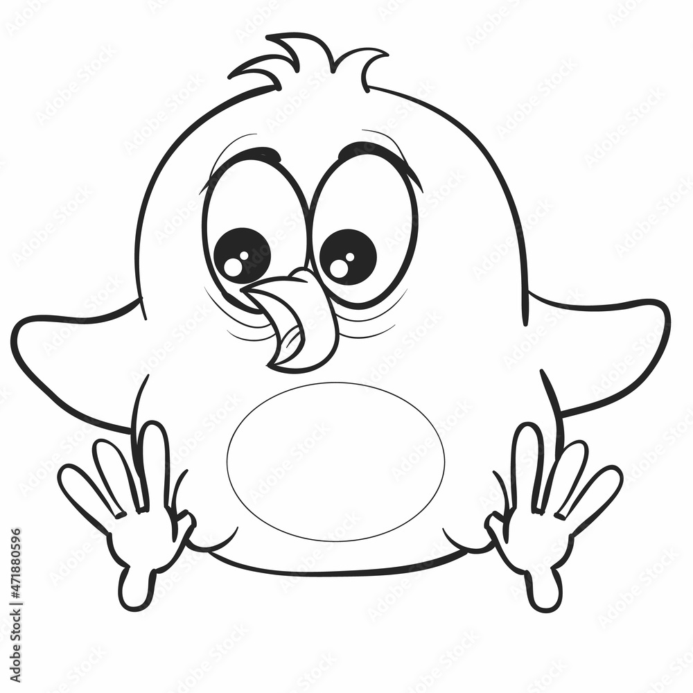 Fototapeta premium sketch, cute chicken character, chick with big eyes, coloring book, isolated object on white background, cartoon illustration, vector,