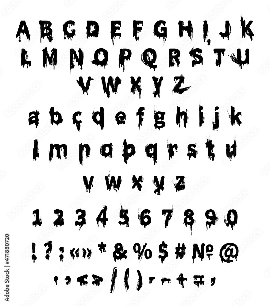 Smudged letters, numbers and punctuation. Melting black font in grunge style. Smudged letters, numbers and punctuation. Melting black font in grunge style.