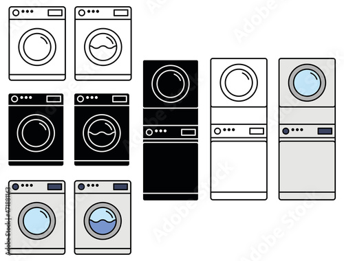 Washer and Dryer Laundry Machine Clipart Set - Outline, Silhouette and Color