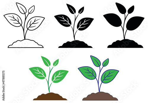 Seedling Plant with Leaves Clipart Set - Outline, Silhouette and Color