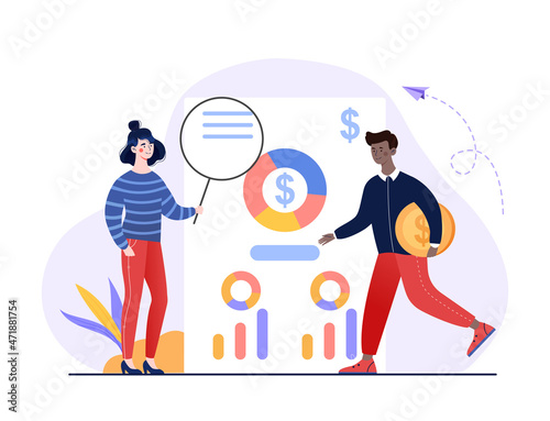 Cash flow statement. Man and girl assess level of income. Company developing, analytical department, charts, graphs and diagrams. Annual turnover, budget, money. Cartoon flat vector illustration