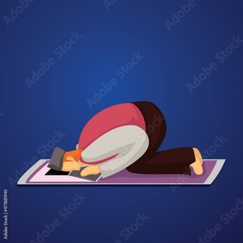 Illustrations of men praying in Islam prostration are suitable to be elements of various Islamic-themed designs, such as Eid prayer, Eid al-Adha, lunar and solar eclipse prayers, etc. photo