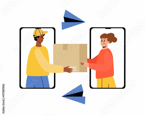 Sending a parcel through the phone screen. Ordering goods online, the courier passes the parcel. Contactless delivery, online delivery. Vector illustration