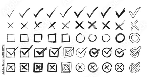 Collection of black and white checkmarks and crosses in hand-drawing style. Texture icons for verification and undo.