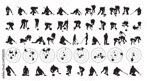 Collection of black silhouettes of curlers isolated on a white background.