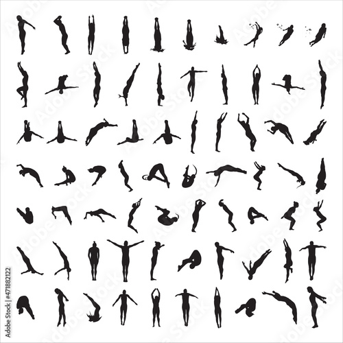 Valokuvatapetti Collection of black silhouettes of diving sport characters isolated on a white background