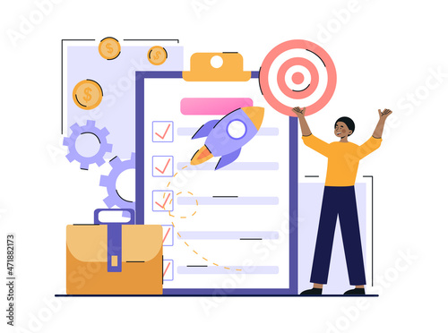 Concept of project closure. Man happy that he completed all tasks from list. Goal setting, achievement of bizarre results, efficiency. Time planning, business. Cartoon flat vector illustration
