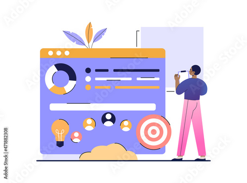 Concept of project initiation. Businesswoman pondering idea. Analysis of potential clients, startup. Business, vision and scope, task, schedule, goal, success. Cartoon flat vector illustration