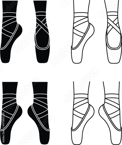 Pointe Ballet Shoes in Relevé Clipart Set - Outline and Silhouette