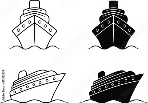 Cruise Ship Front and Angled Clipart Set - Outline and Silhouette