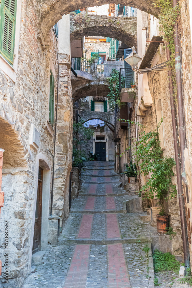Obraz premium Characteristic small streets in the historic center of Dolceacqua with arches and flowers