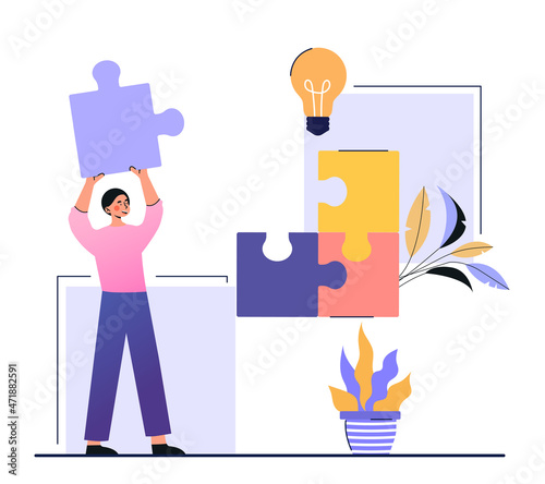 Concept of business solution. Girl collects puzzles with each other. Employee carrying out project. Coworking, teamwork. Innovation, character realizes idea, insight. Cartoon flat vector illustration